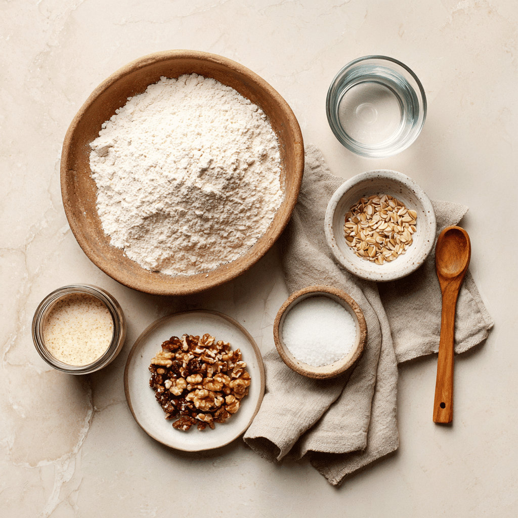 Protein Sourdough Bread: Boost Nutrition with Every Slice 3 Clean layout of sourdough bread ingredients with clear bowls and rustic tools under natural light.