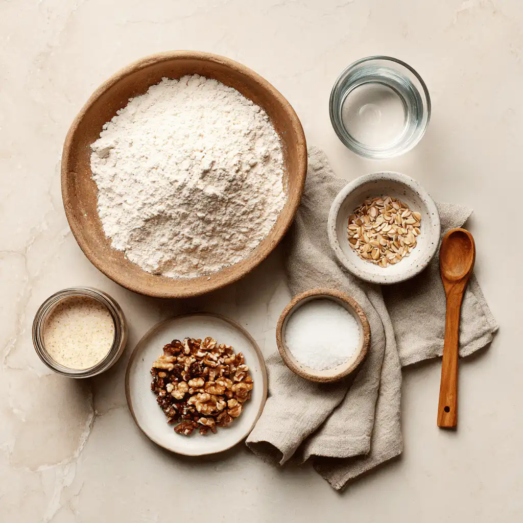 Clean layout of sourdough bread ingredients with clear bowls and rustic tools under natural light.