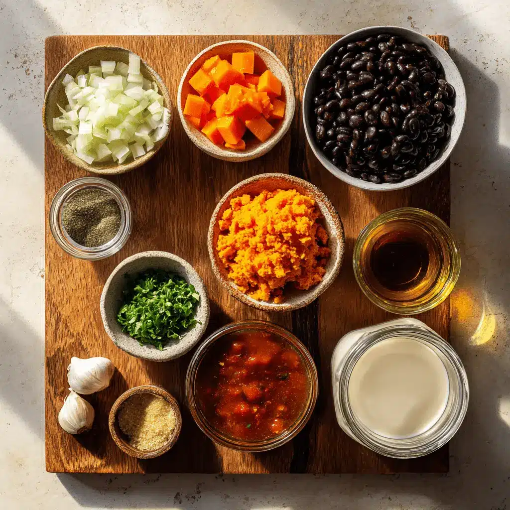 Pumpkin Black Bean Soup Deliciously Healthy & Easy Recipe 3 Pumpkin Black Bean Soup garnished with fresh herbs, served on a white napkin with a glass of water.