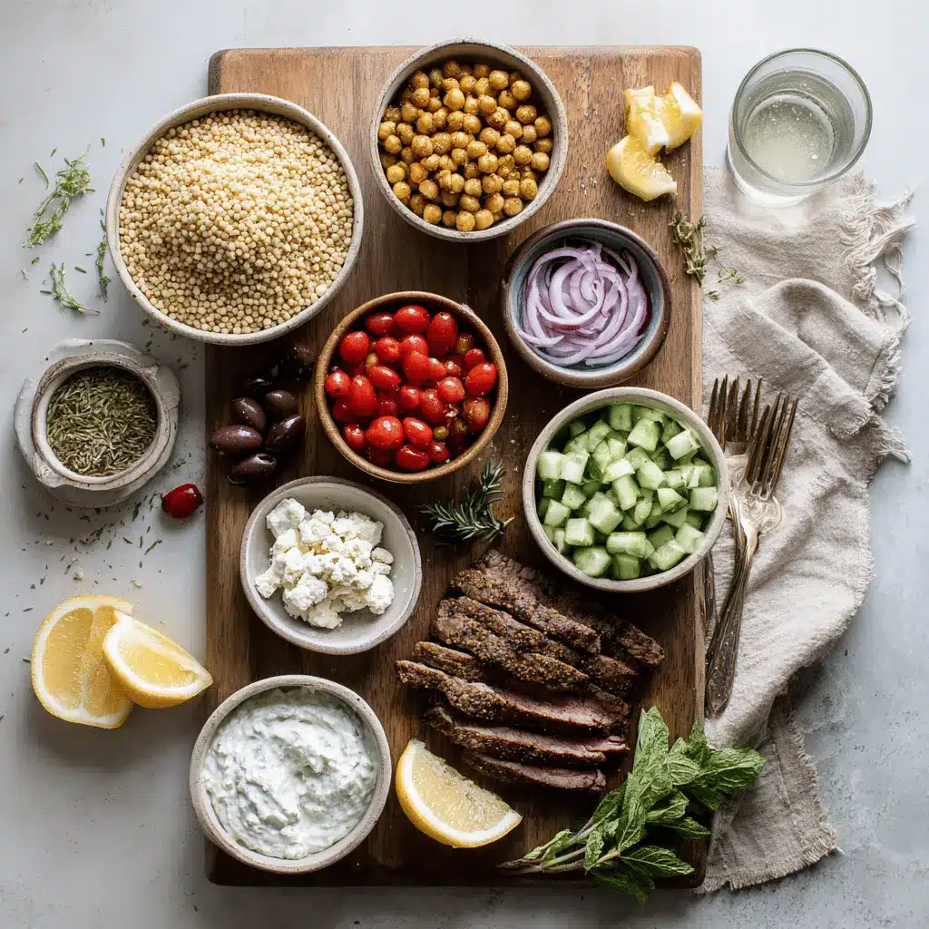 Quick Easy Mediterranean Steak Bowl Flavor in Minutes 4 Quick Easy Mediterranean Steak Bowl Recipe with sirloin steak, roasted chickpeas, feta and tzatziki