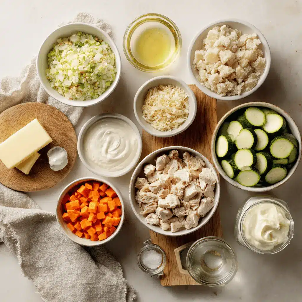 Quick Rotisserie Chicken Zucchini Casserole Delight 4 Quick Rotisserie Chicken Zucchini Casserole warm bake on white cloth beside glass of water