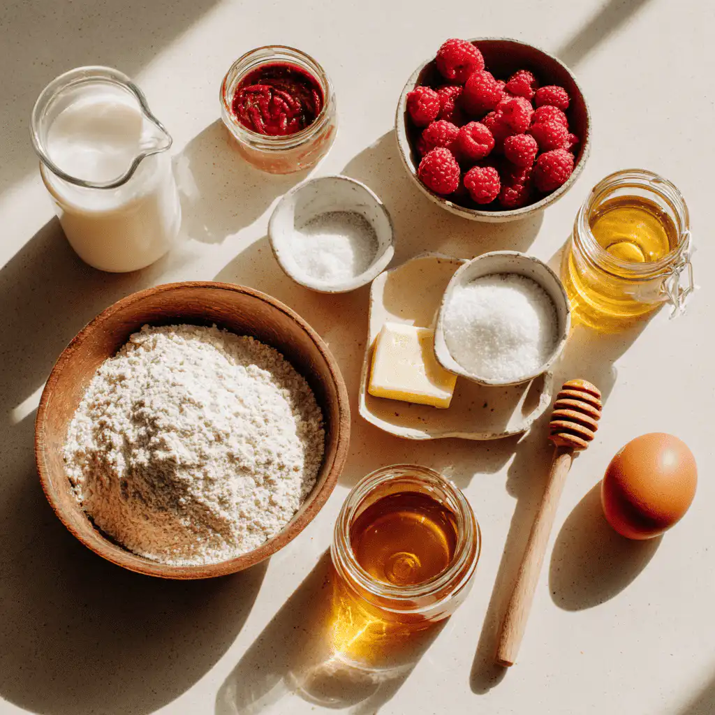 Flat-lay of muffin ingredients including raspberries, sourdough discard, and flour on clean surface.