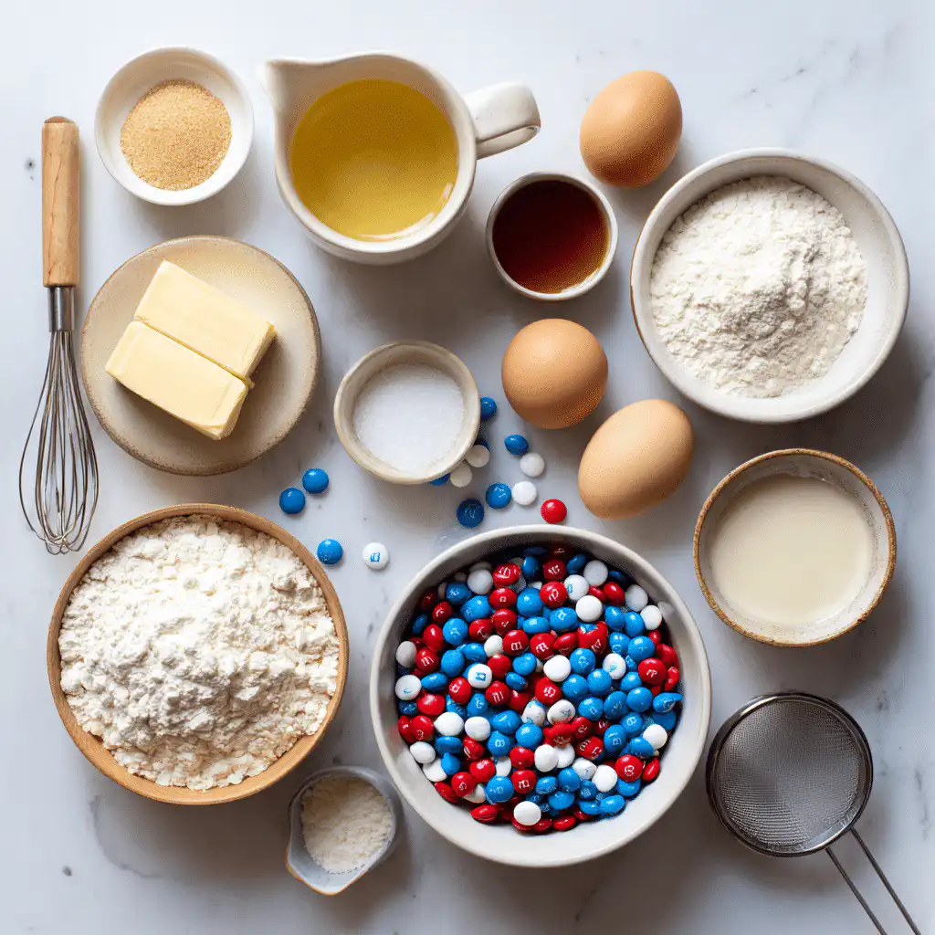 Flat-lay of ingredients for Red White and Blue M&M Cookie Bars on a clean white surface.