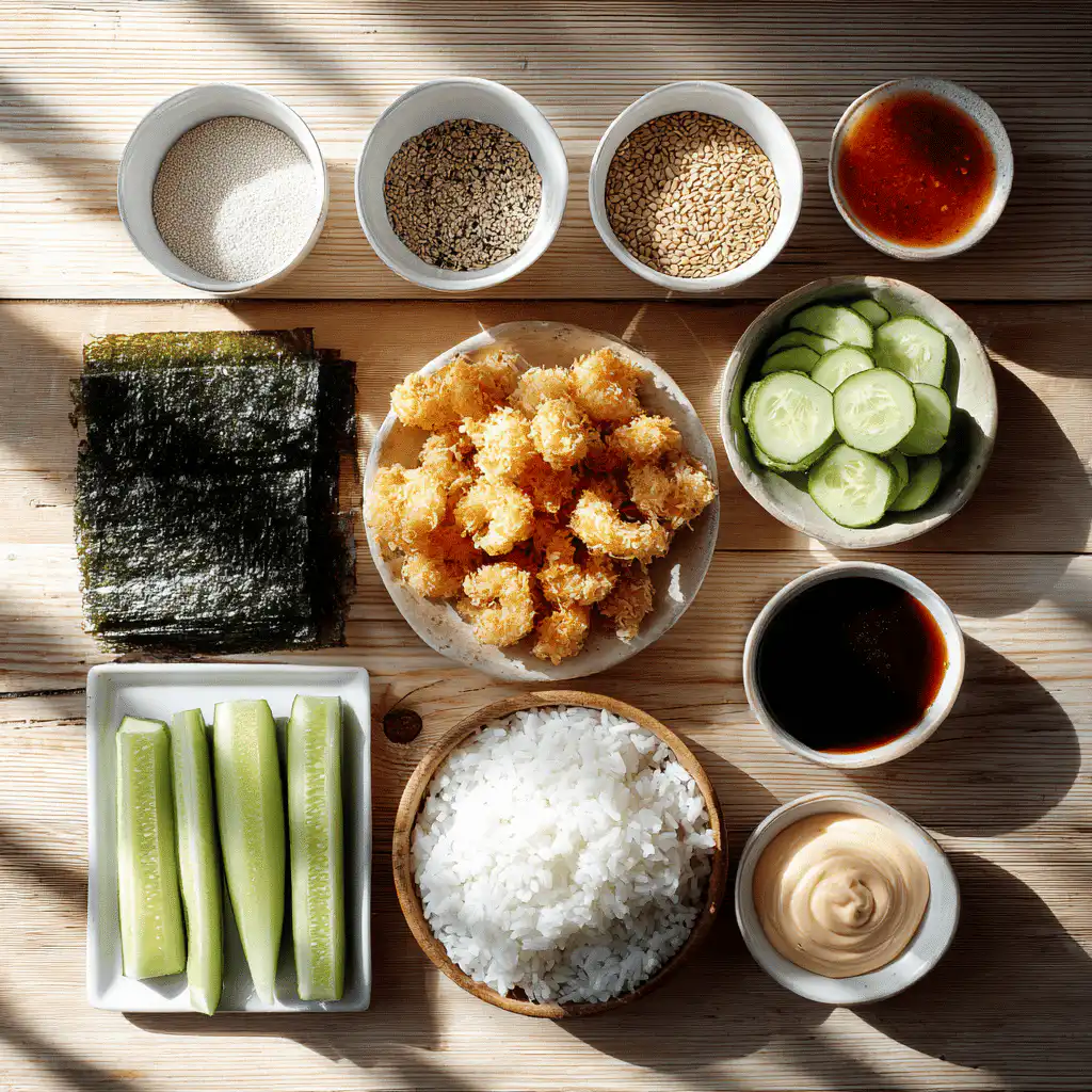 Flat-lay of Shrimp Tempura Roll ingredients neatly organized with fresh and vibrant details.