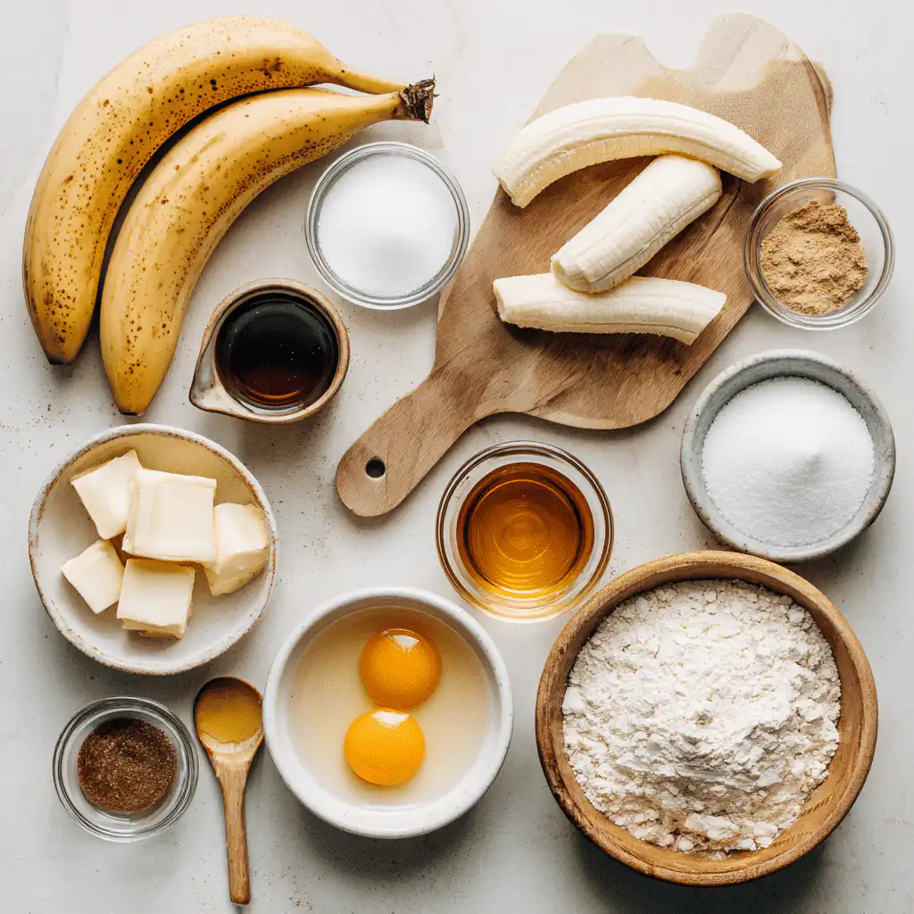 Ingredients for sourdough banana bread styled on a clean white surface in natural light.