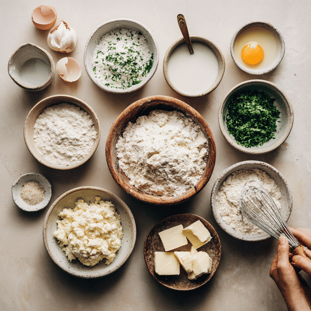 Sourdough Discard Garlic Pull Apart Bread: Easy & Flavorful 3 Flat-lay image of sourdough garlic bread ingredients styled neatly with warm natural tones.