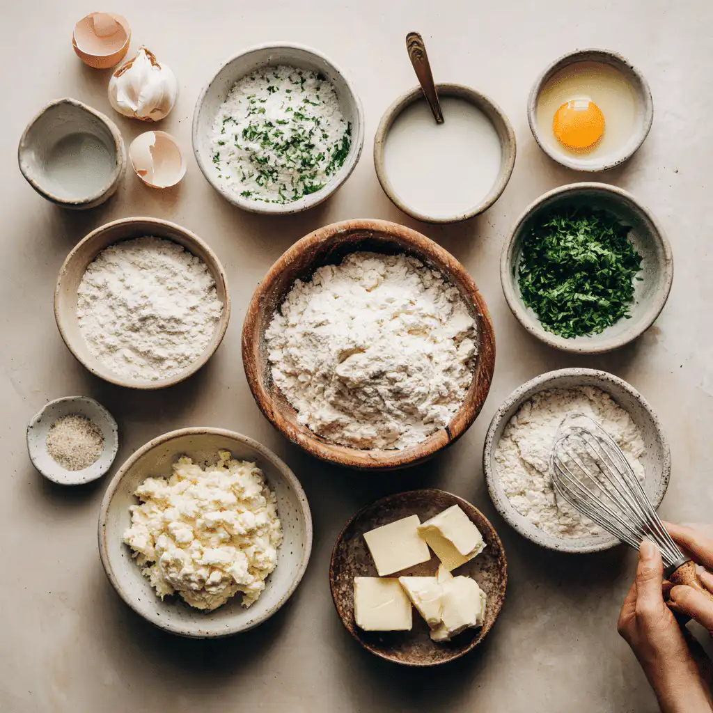 Sourdough Discard Garlic Pull Apart Bread: Easy & Flavorful 4 Flat-lay image of sourdough garlic bread ingredients styled neatly with warm natural tones.