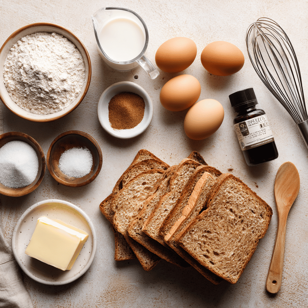 Sourdough French Toast: Fluffy, Tangy & Irresistible! 3 Flat lay of sourdough toast ingredients: eggs, milk, cinnamon, sugar, and bread on clean surface.