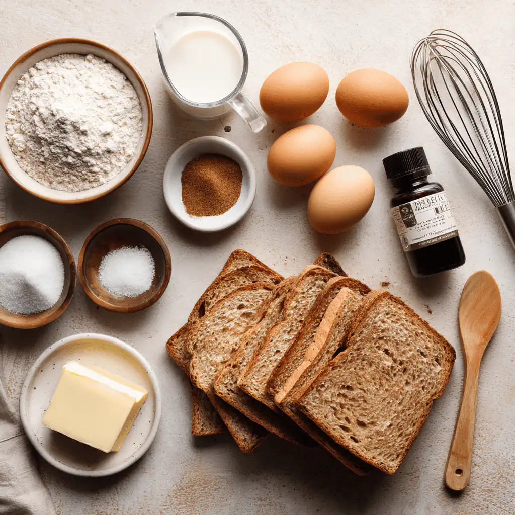 Sourdough French Toast: Fluffy, Tangy & Irresistible! 4 Flat lay of sourdough toast ingredients: eggs, milk, cinnamon, sugar, and bread on clean surface.