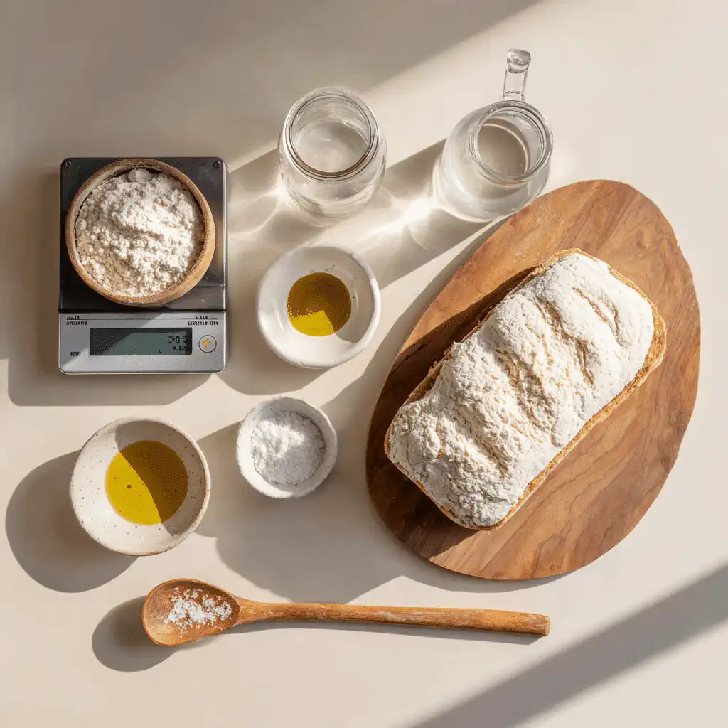 Flat-lay of sourdough bread ingredients arranged cleanly on a light table.