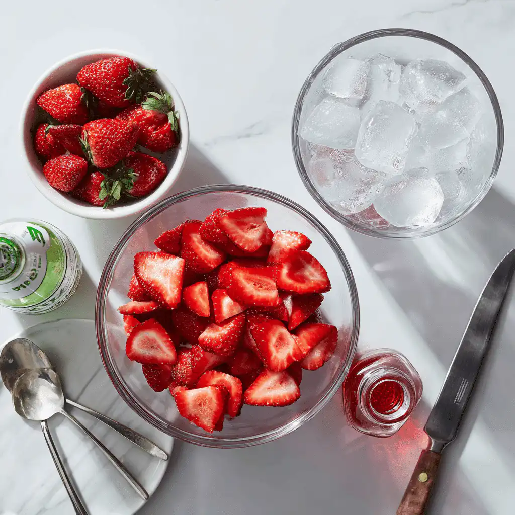 Strawberry Dirty Sprite in a clear glass with ice, fresh strawberries, and a vibrant summer vibe