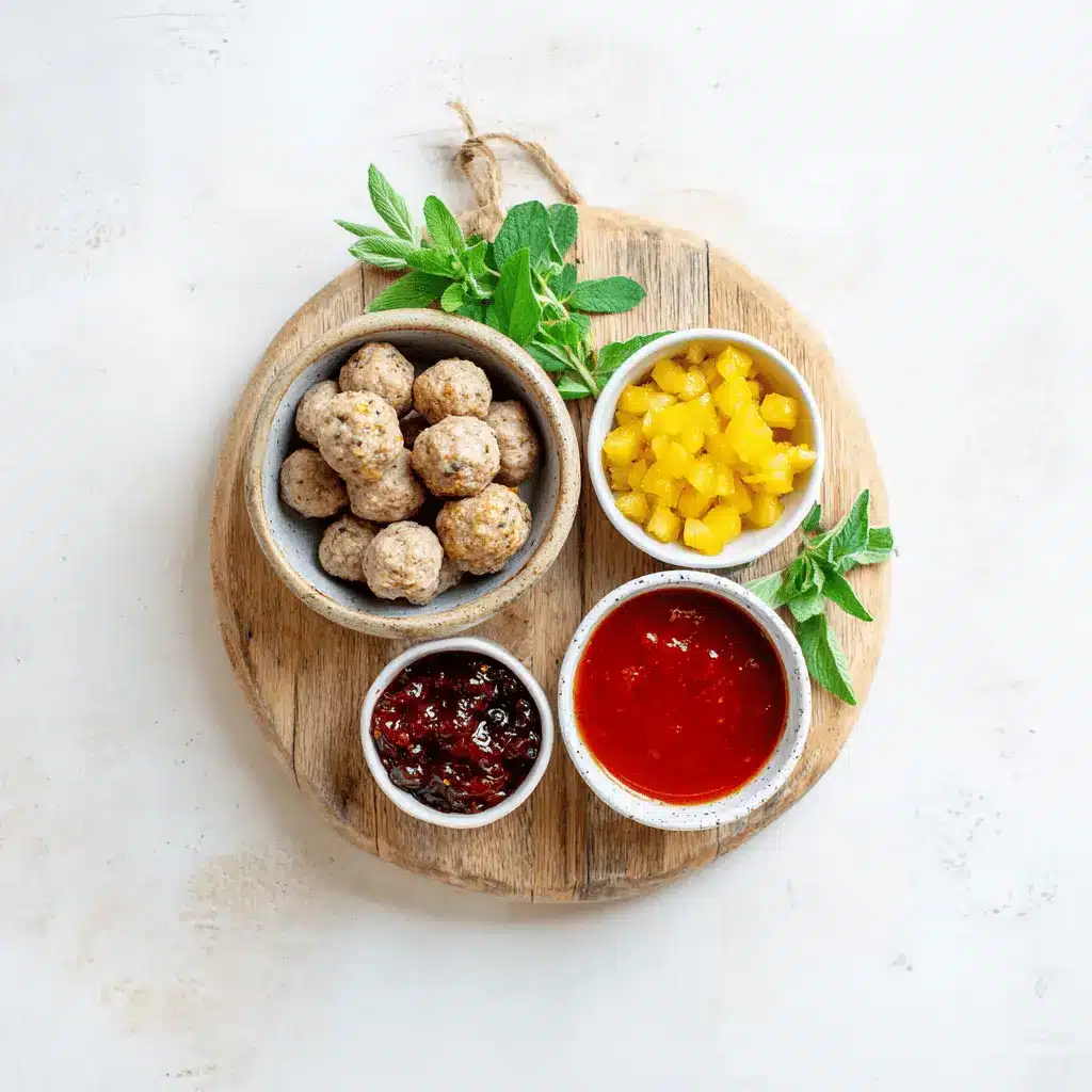 Sweet Chili Meatballs Crockpot Recipe for Easy Weeknight Dinners 3 Sweet Chili Meatballs Crockpot in white dish with herbs, pineapple, and a glass of water