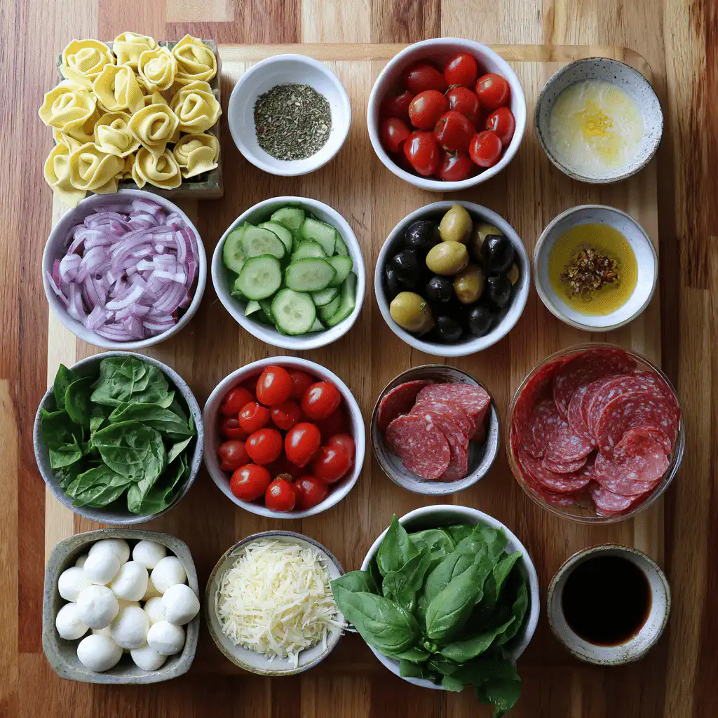 Top-down layout of fresh tortellini salad ingredients, neatly arranged with a focus on vibrant textures and colors.