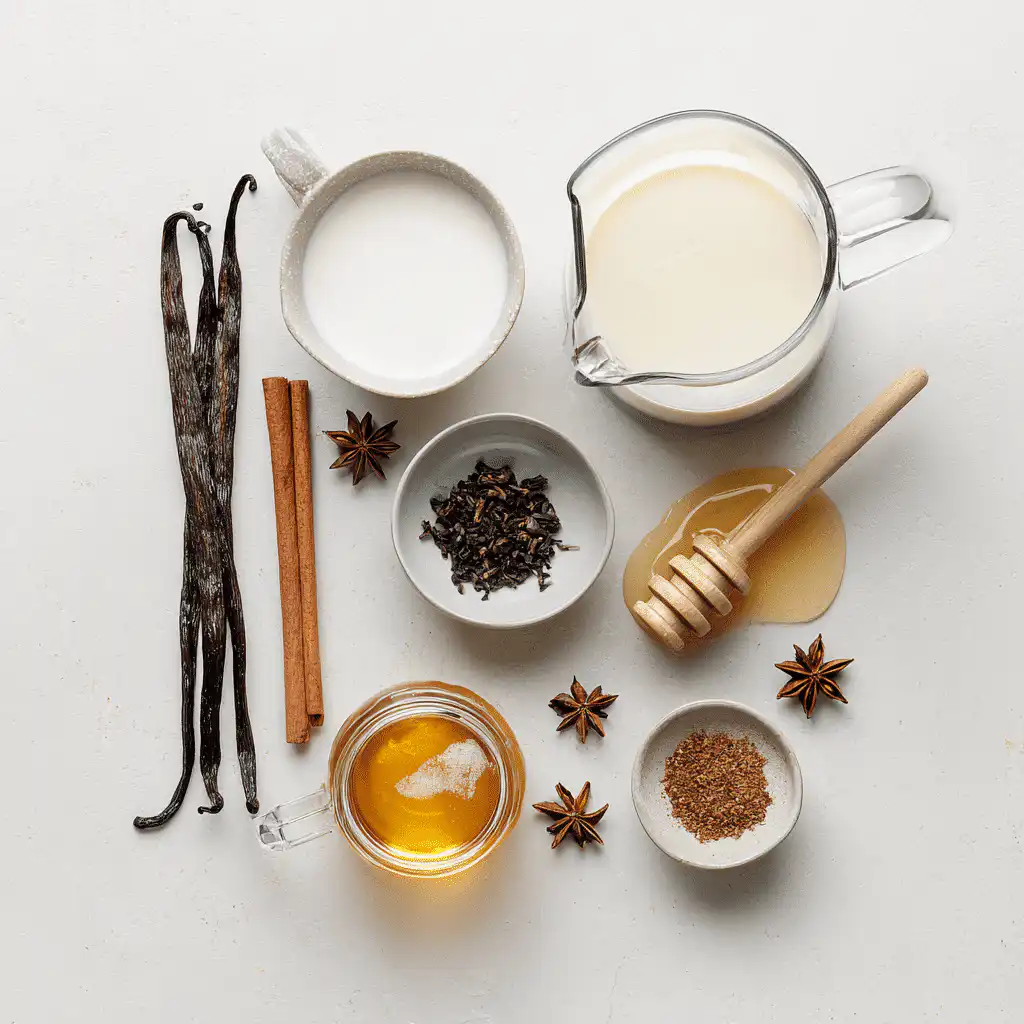 Flat lay of ingredients for Vanilla Cinnamon Milk Tea, arranged on a clean white surface.