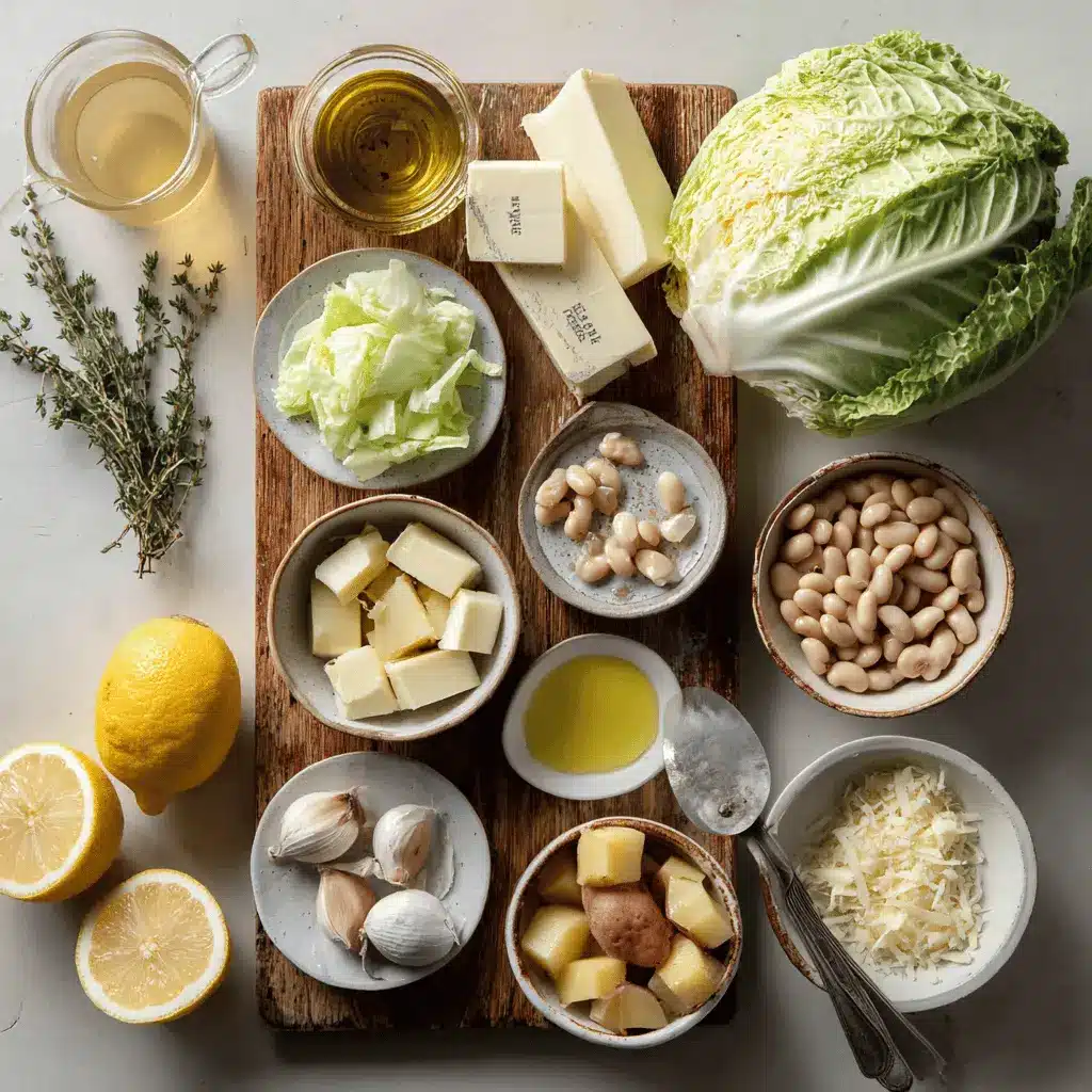 White Bean and Cabbage Soup with Potatoes Recipe Delight 4 White Bean and Cabbage Soup with Potatoes in rustic bowl garnished with thyme and grated cheese
