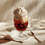 Finished Italian cream soda on white napkin and warm natural lighting