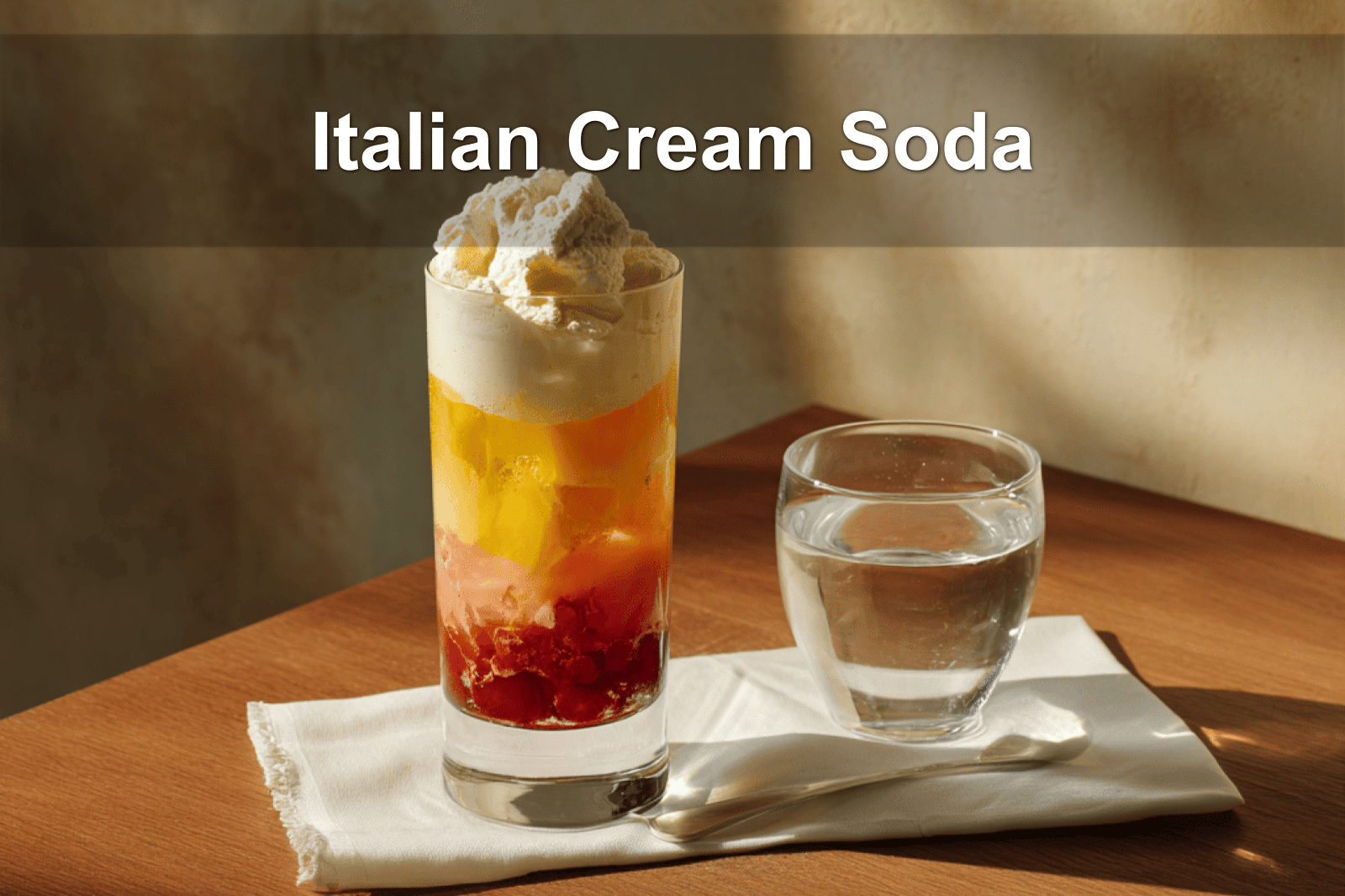 Italian cream soda with whipped cream on white napkin for refreshing treat