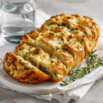Sliced, plated Italian Herbs and Cheese Bread with a clear glass of water beside it on a table.