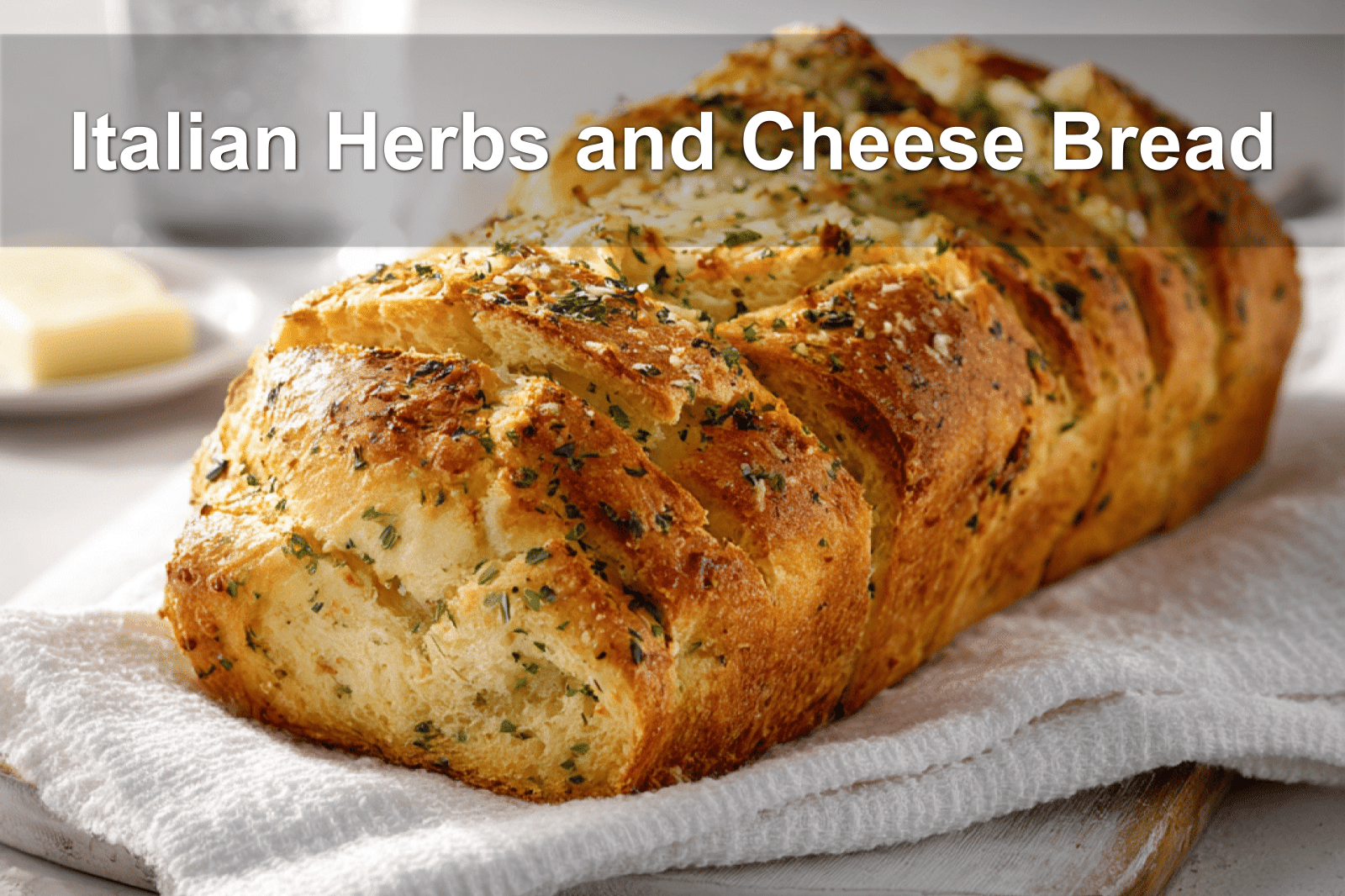 Freshly baked Italian Herbs and Cheese Bread on white napkin, table set with clear glass of water.