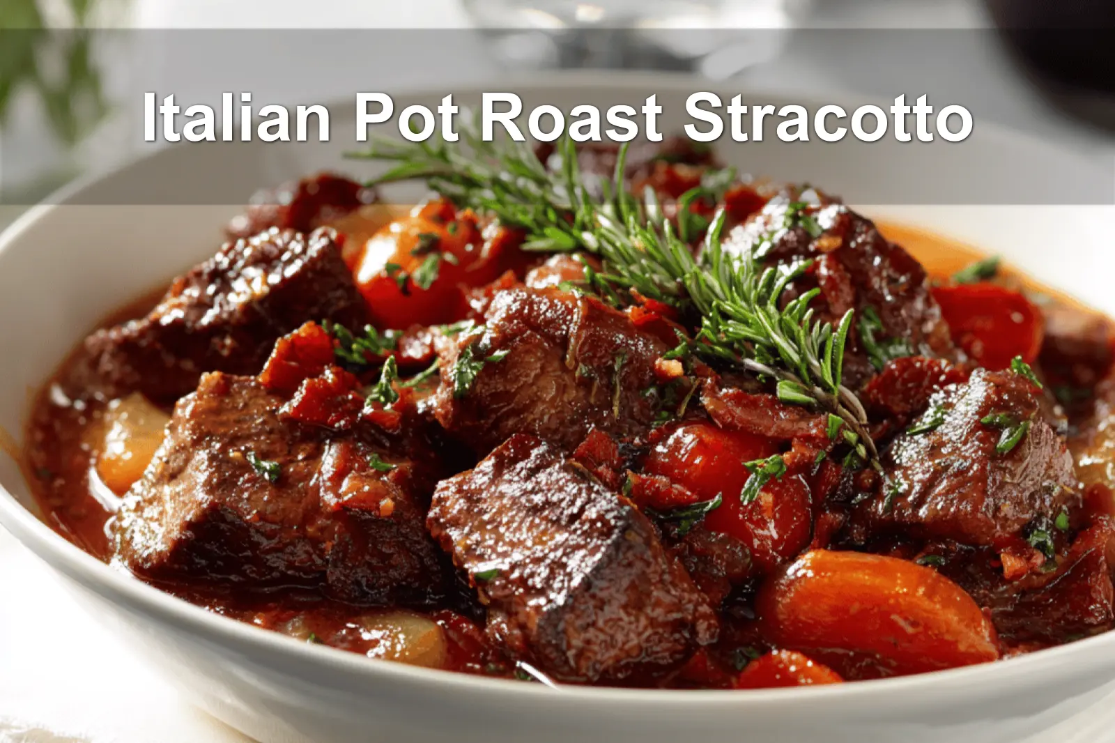 Italian Pot Roast Stracotto in rustic bowl on white cloth napkin with glass of water