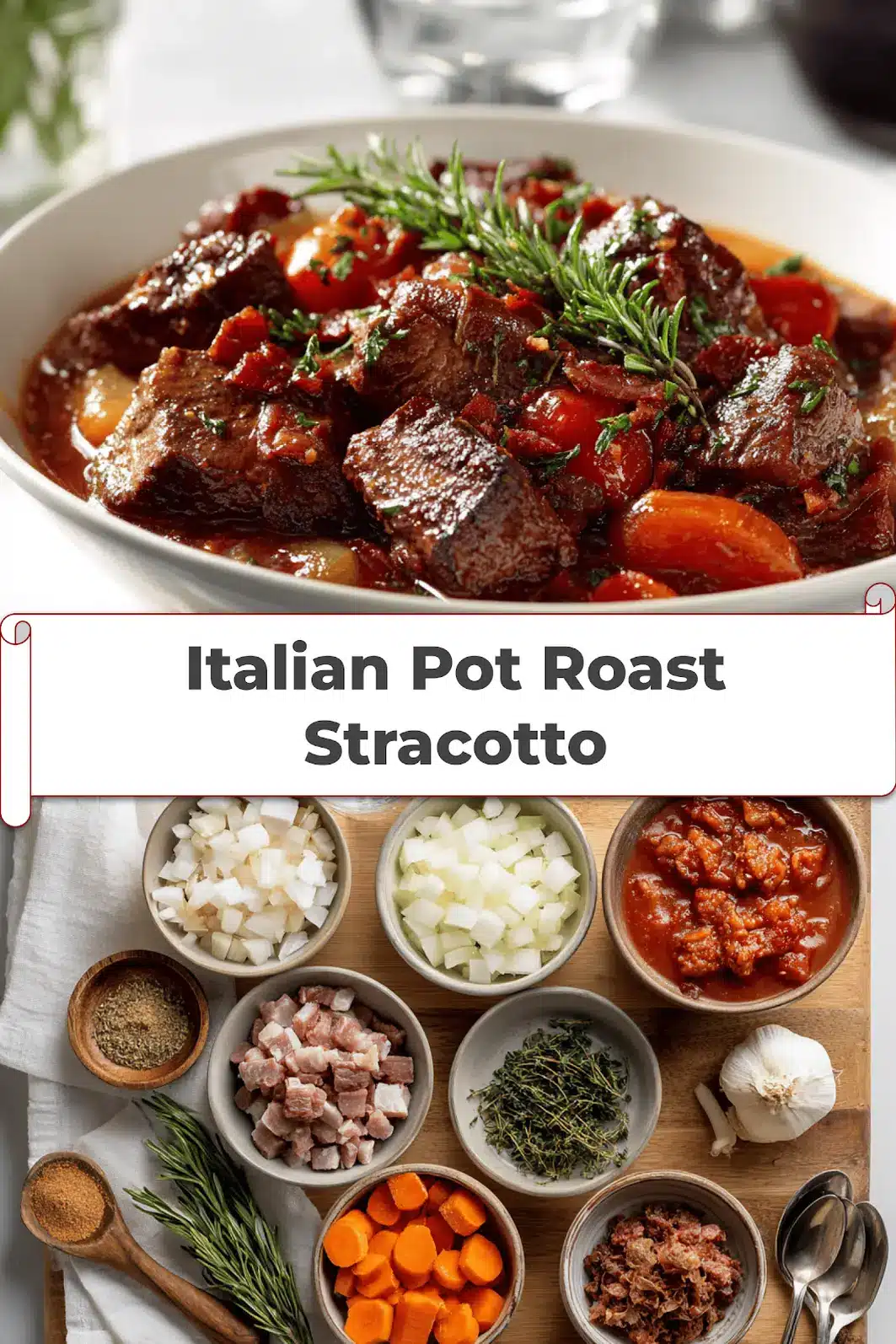 Italian Pot Roast Stracotto: A Cozy Classic Dish 5 Italian Pot Roast Stracotto in rustic bowl on white cloth napkin with glass of water_pin