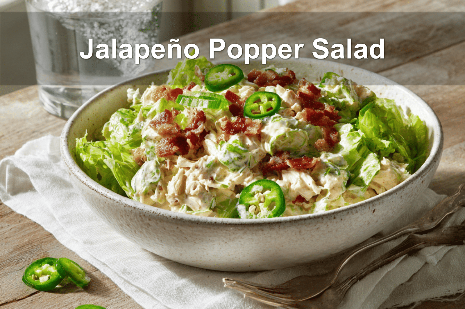 Jalapeño Popper Chicken Salad garnished with bacon and jalapeños, served on a rustic white dish.