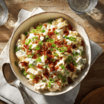 Finished Jalapeño Popper Chicken Salad plated with bacon, jalapeños, and vibrant garnish.