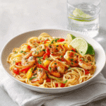 Jamaican Shrimp Pasta plated with bold colors and fresh toppings.