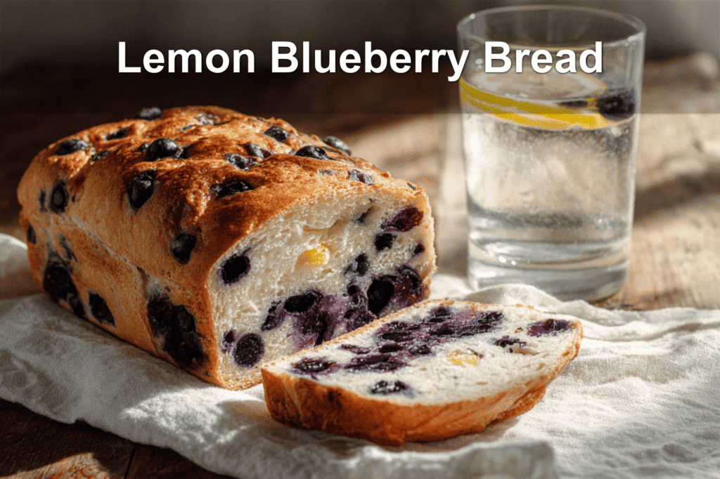 Lemon Blueberry Sourdough Bread on napkin with water beside it, fresh and appetizing.