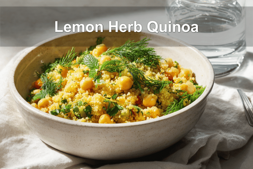 Lemon Herb Quinoa with Chickpeas beautifully presented on a white napkin with a glass of water