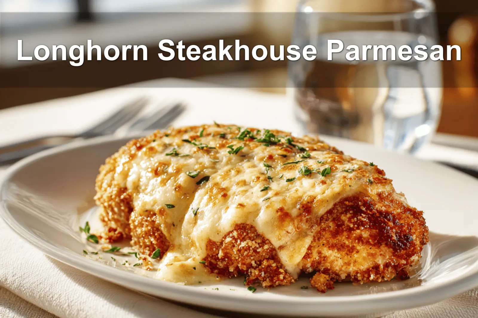 Longhorn Steakhouse Parmesan Chicken on a white napkin with water near it.