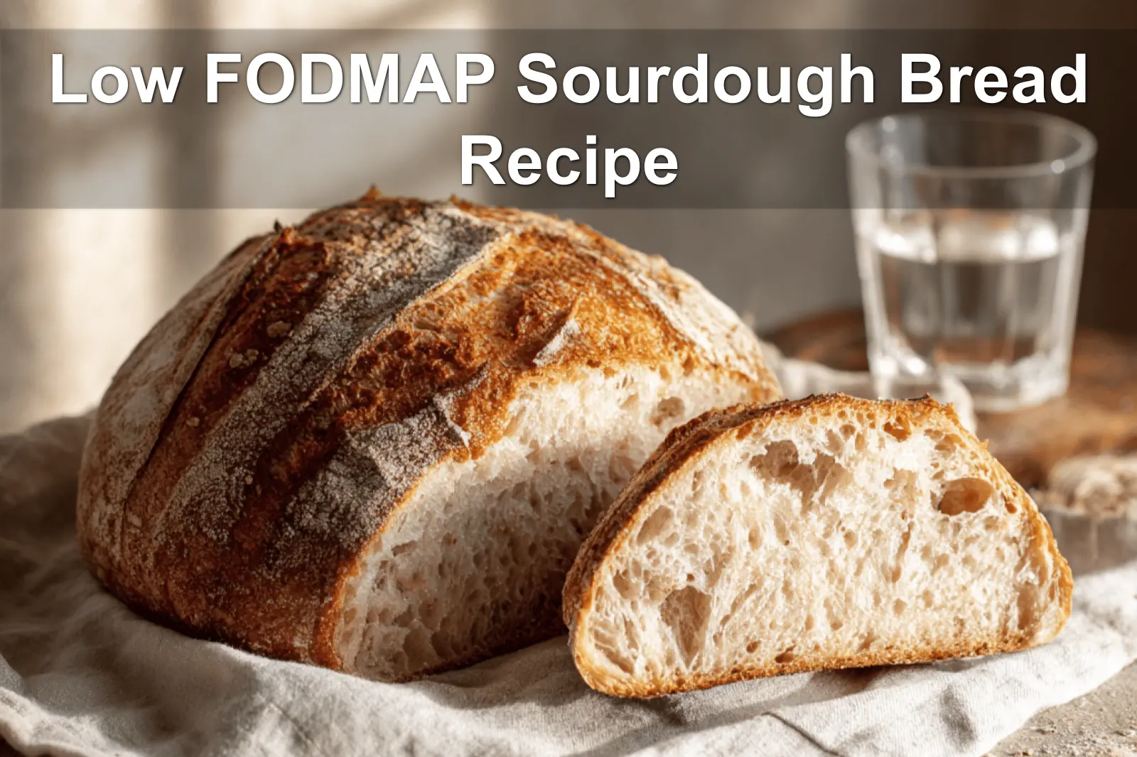 Low FODMAP Sourdough Bread Recipe finished loaf on white napkin and glass of water