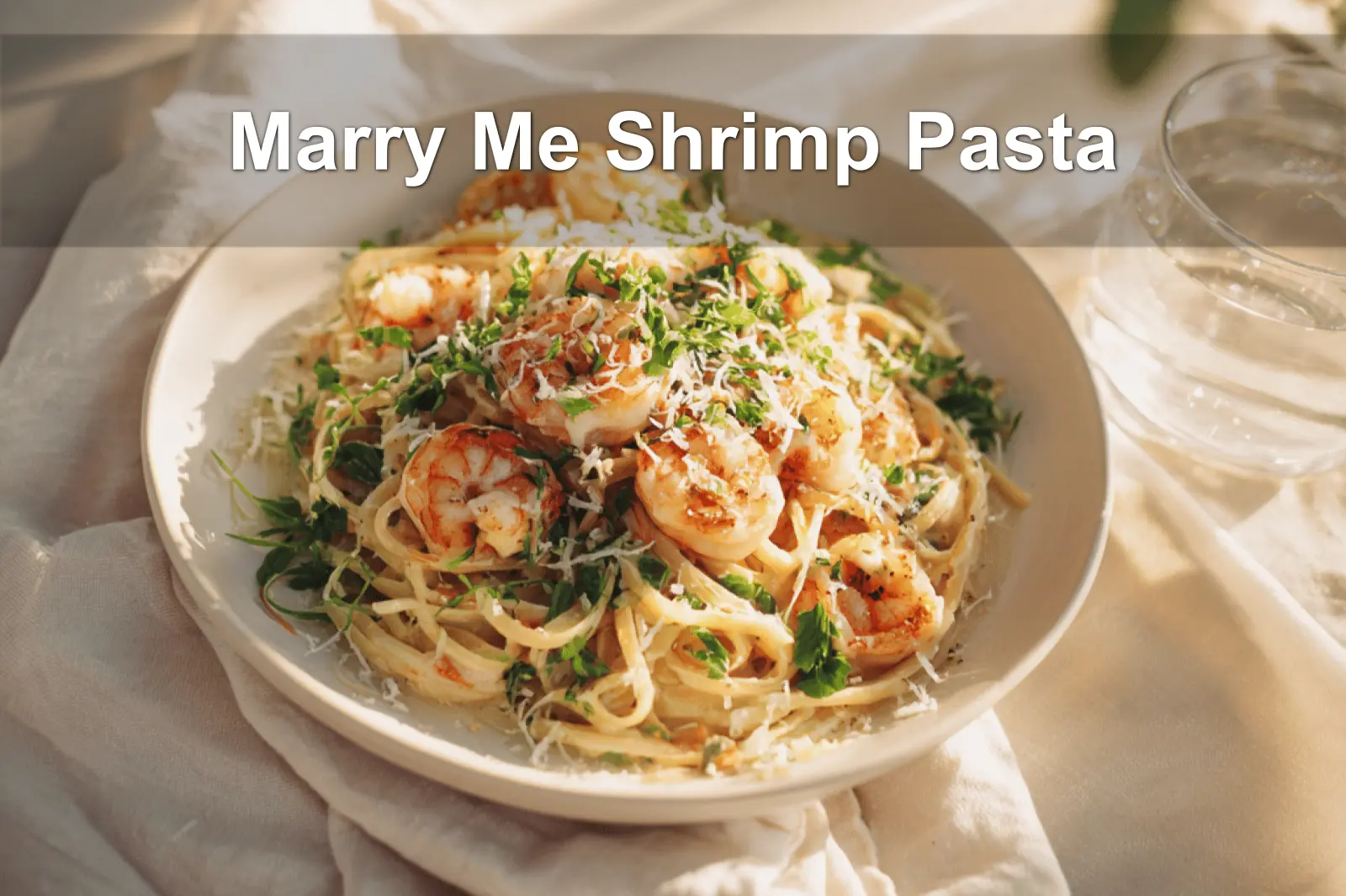 Marry Me Shrimp Pasta plated with creamy sauce, herbs, and cheese on a white napkin