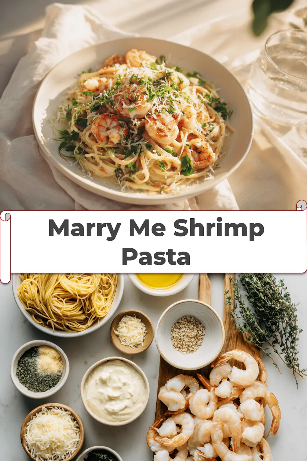 Marry Me Shrimp Pasta Recipe That Impresses Every Time 5 Marry Me Shrimp Pasta plated with creamy sauce, herbs, and cheese on a white napkin_pin
