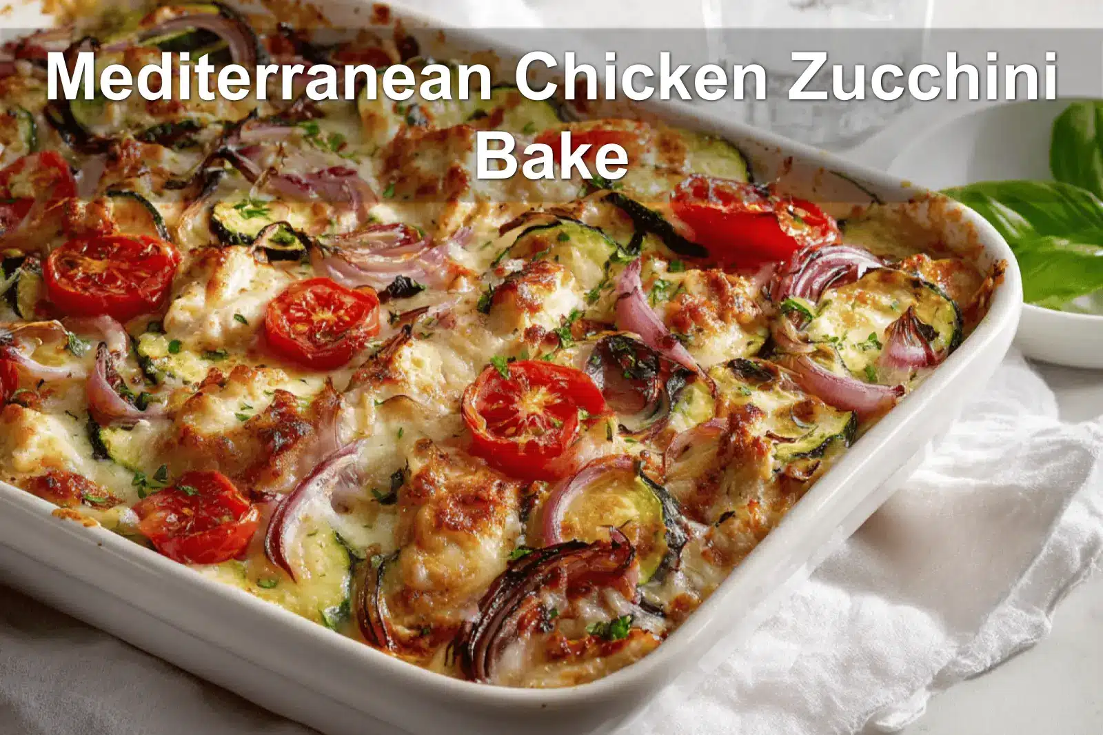 Mediterranean Chicken Zucchini Bake golden melted cheese zucchini cherry tomatoes herbs on cloth