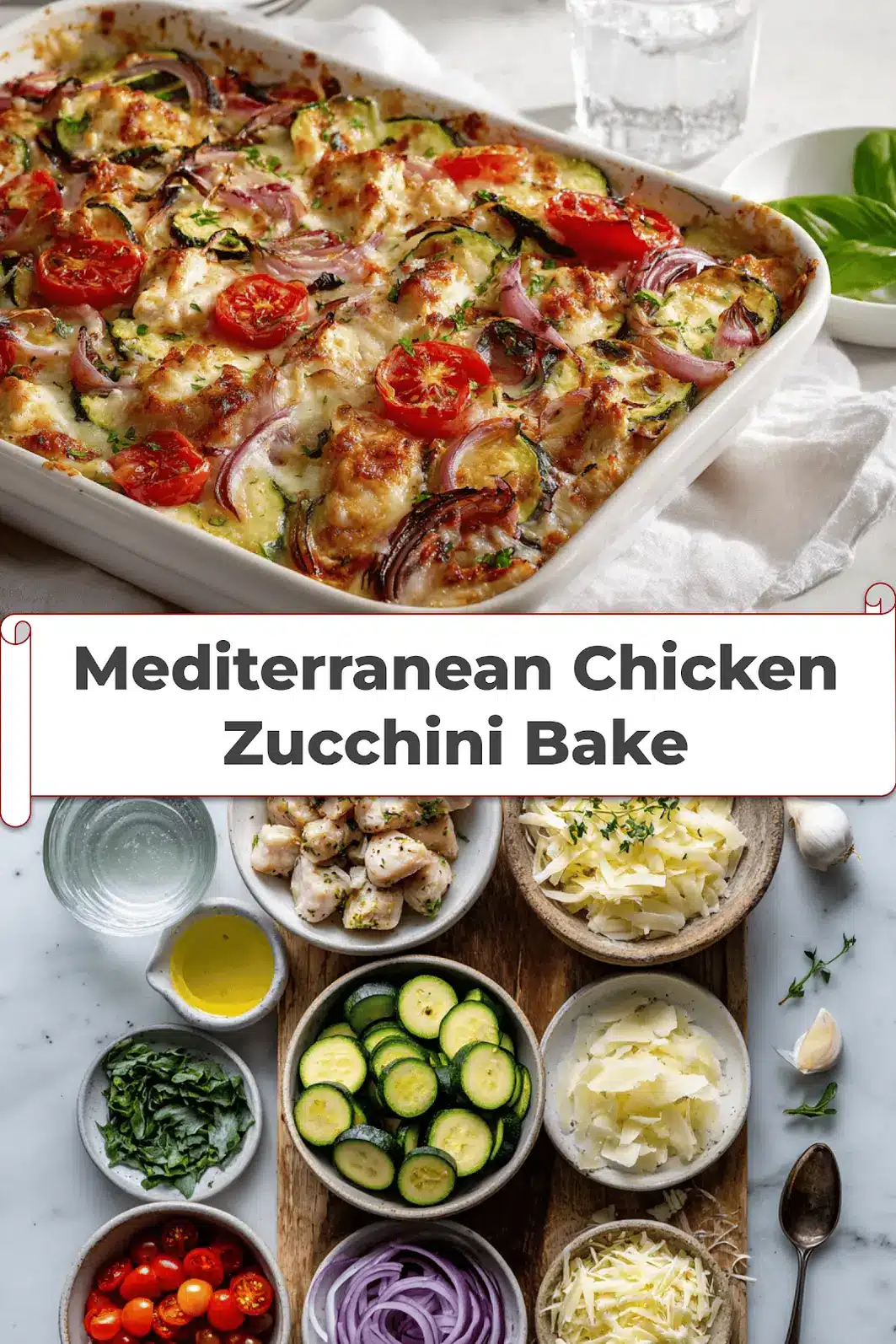 Mediterranean Chicken Zucchini Bake Easy Recipe 5 Mediterranean Chicken Zucchini Bake golden melted cheese zucchini cherry tomatoes herbs on cloth_pin