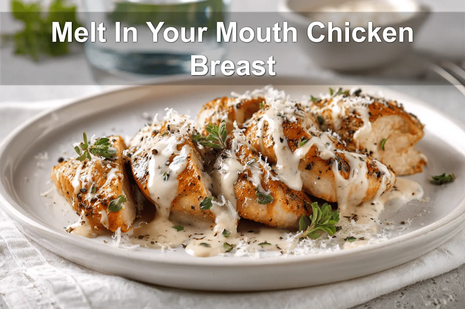 Melt In Your Mouth Chicken Breast plated with creamy white sauce and grated hard cheese warm lighting