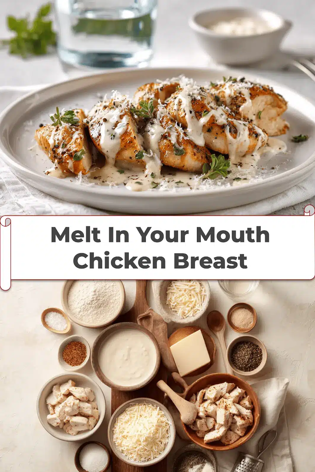 Melt In Your Mouth Chicken Breast: Best Recipe Guide 5 Melt In Your Mouth Chicken Breast plated with creamy white sauce and grated hard cheese warm lighting_pin