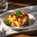 A plated serving of Million Dollar Baked Ziti with melted cheese and garnish.