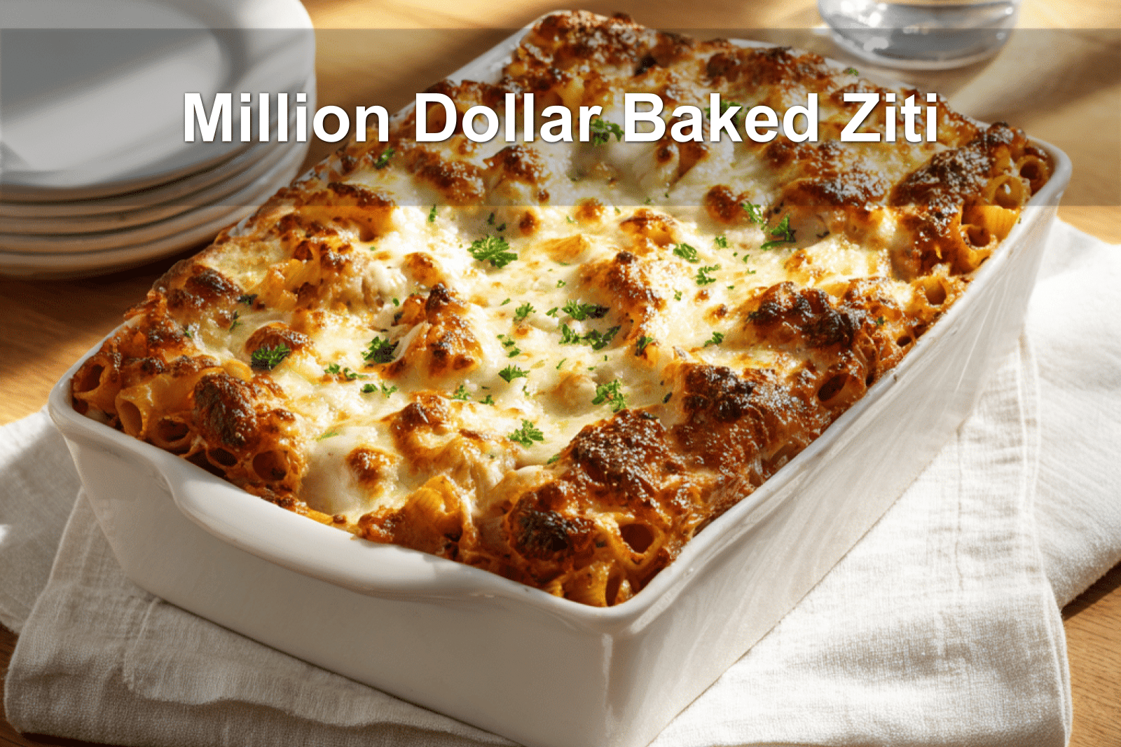 Million Dollar Baked Ziti fresh out of the oven with melted cheese topping.