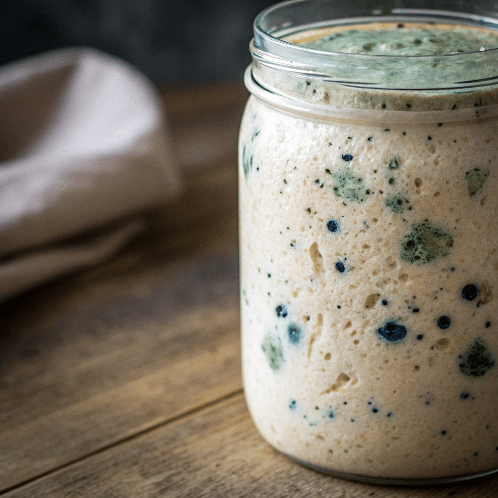 7 Essential Steps to Mastering Your Sourdough Starter: From Feeding to Troubleshooting 4 Close-up of sourdough starter with green, blue, and black mold spots in jar