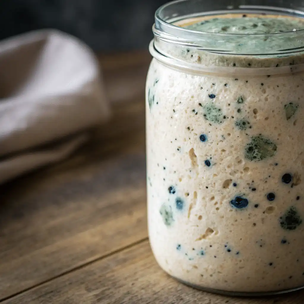 7 Essential Steps to Mastering Your Sourdough Starter: From Feeding to Troubleshooting 5 Close-up of sourdough starter with green, blue, and black mold spots in jar