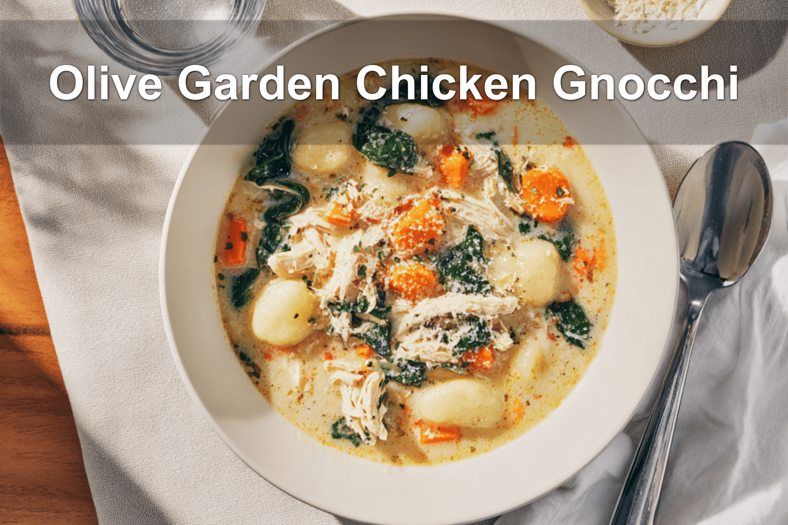 Warm bowl of Olive Garden Chicken Gnocchi Soup with gnocchi, spinach, and chicken in rich broth