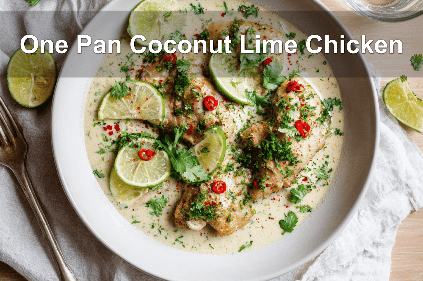 One Pan Coconut Lime Chicken plated with fresh garnishes and a creamy sauce
