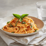Final creamy tomato pasta served in a white bowl with basil garnish.