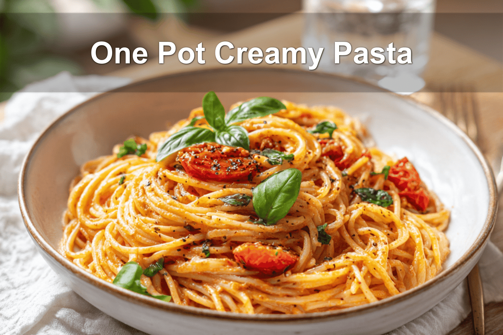 Creamy tomato pasta garnished with fresh basil on a white napkin.