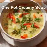 One Pot Creamy Soup in white bowl with fresh herbs, water glass beside, warm tones