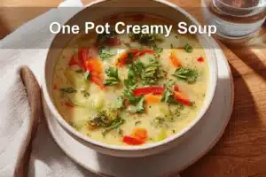 One Pot Creamy Vegetable Soup: Easy, Healthy & Comforting One Pot Creamy Soup in white bowl with fresh herbs, water glass beside, warm tones