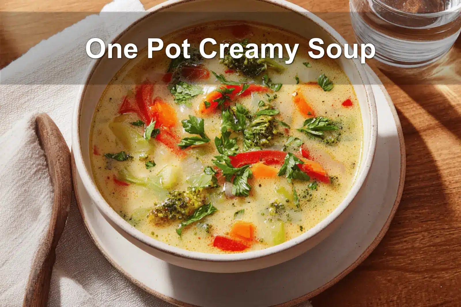 One Pot Creamy Soup in white bowl with fresh herbs, water glass beside, warm tones