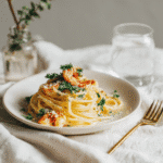 Final plated One-Pot Garlic Butter Shrimp Pasta on a white dish with fresh parsley and Parmesan.